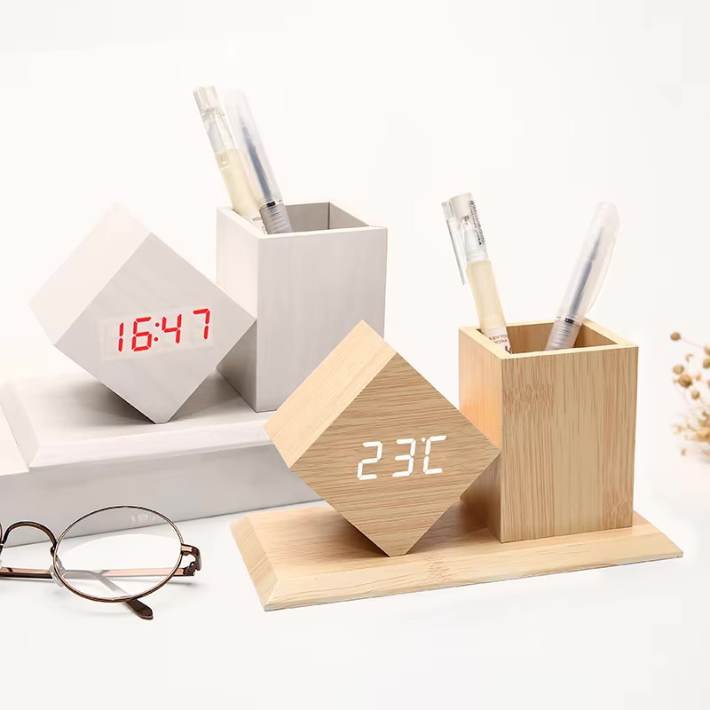 Digital alarm clock with wooden pen h